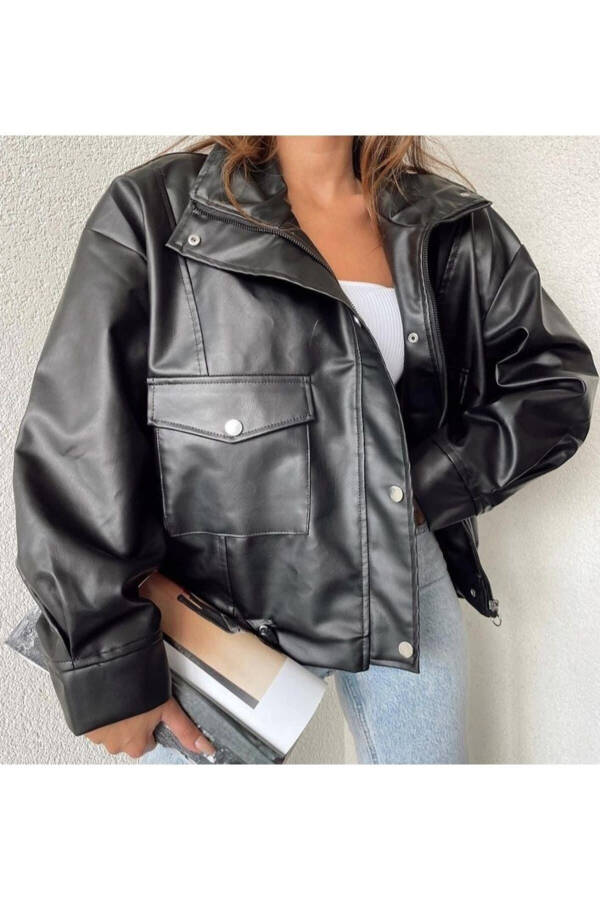 Double Pocket Side Zipper Leather Jacket - 4