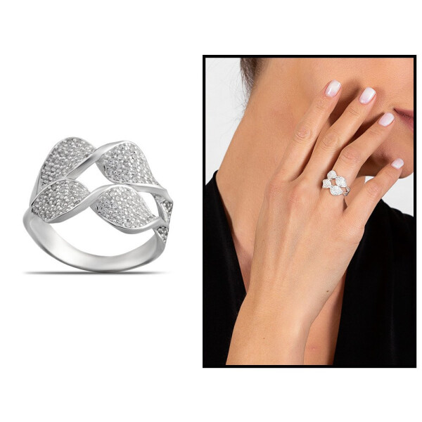 Double Row Leaf Design 925 Sterling Silver Ring with Zircon Stone for Women - 11