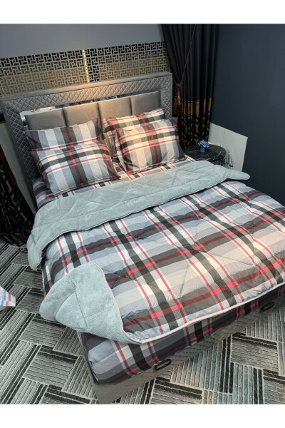 Double Welsoft Puffy Sleep Set (WITH ELASTIC SHEET) Grey Plaid - 4