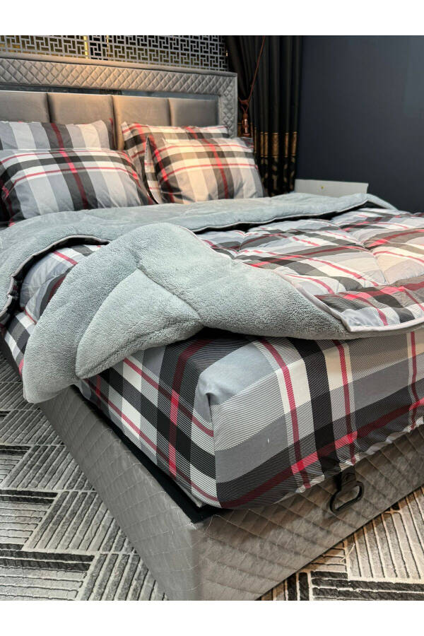 Double Welsoft Puffy Sleep Set (WITH ELASTIC SHEET) Grey Plaid - 5