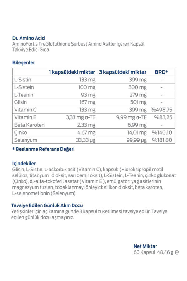 Dr. Amino Asit Aminofortis Preglutathione 60 Kapsül | Amino Asit - 2