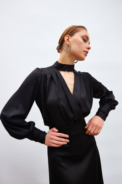 Drape Detail Bodysuit Blouse - Black - 1