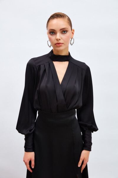 Drape Detail Bodysuit Blouse - Black - 2