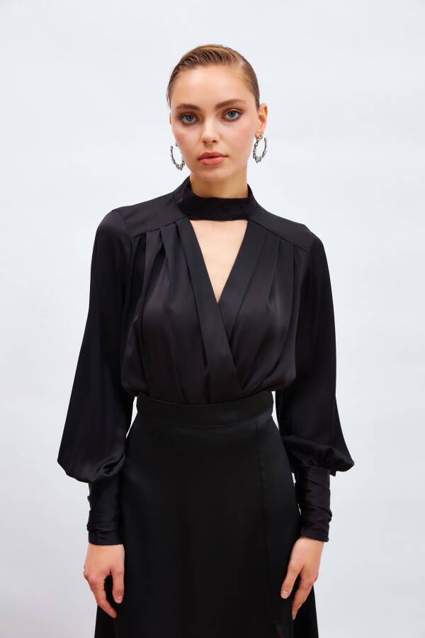 Drape Detail Bodysuit Blouse - Black - 2