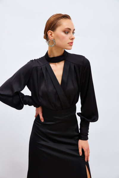 Drape Detail Bodysuit Blouse - Black - 3