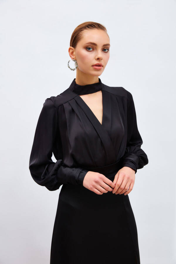 Drape Detail Bodysuit Blouse - Black - 4