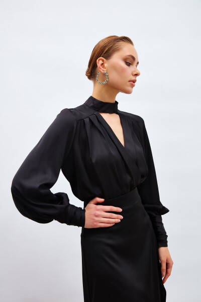 Drape Detail Bodysuit Blouse - Black - 5