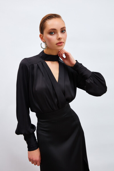 Drape Detail Bodysuit Blouse - Black - 6