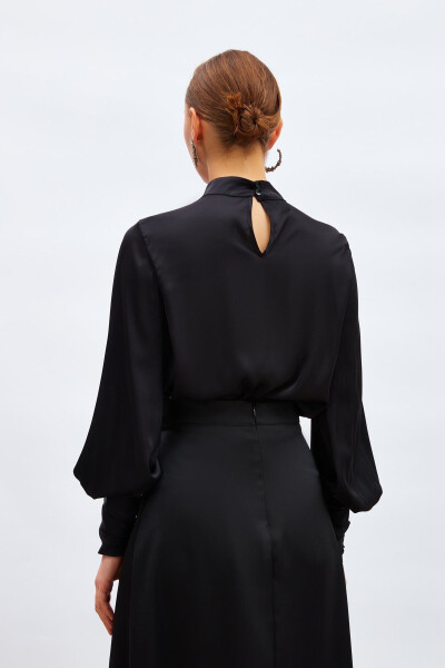 Drape Detail Bodysuit Blouse - Black - 7