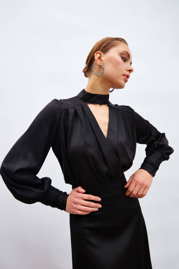 Drape Detail Bodysuit Blouse - Black - 8