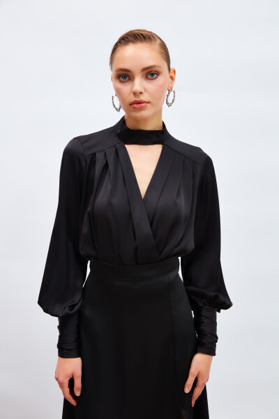 Drape Detail Bodysuit Blouse - Black - 9