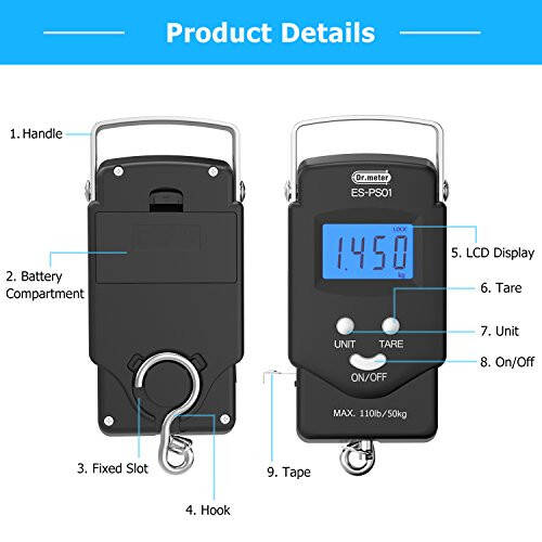 Dr.meter Baliq Tarozi - PS01 110lb/50kg Orqa Yori Yoritiluvchi LCD Displeyli Raqamli Tarozi O'rnatilgan O'lchov Lentasida - 2 AAA Batareyali Baliqchilik Tarozi, Cho'ntak Hajmi - Erkaklar uchun Baliqchilik Sovg'alari - 2