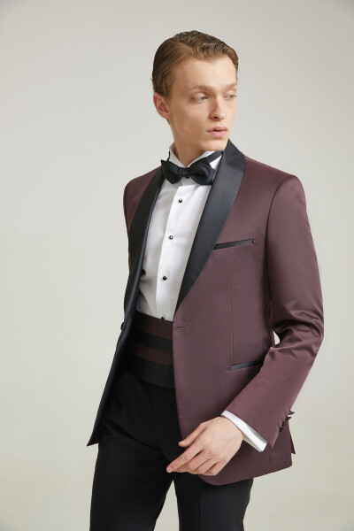 Ds Damat Slim Fit Bordo Jakar Desenli Damatlık & Smokin Takım Elbise - 13