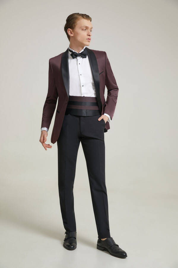 Ds Damat Slim Fit Bordo Jakar Desenli Damatlık & Smokin Takım Elbise - 6