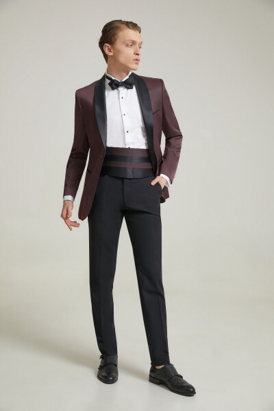 Ds Groom Slim Fit Burgundy Jacquard Patterned Wedding Suit & Tuxedo - 6