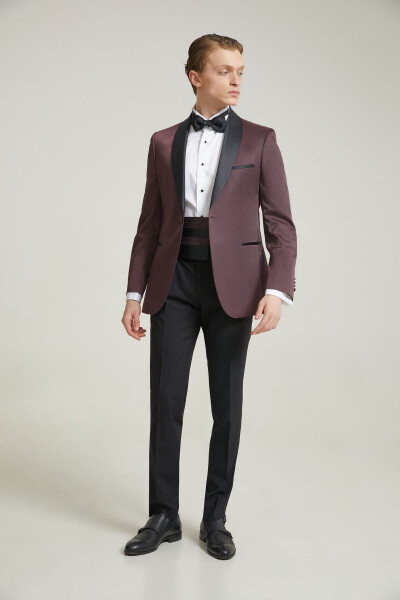 Ds Groom Slim Fit Burgundy Jacquard Patterned Wedding Suit & Tuxedo - 7