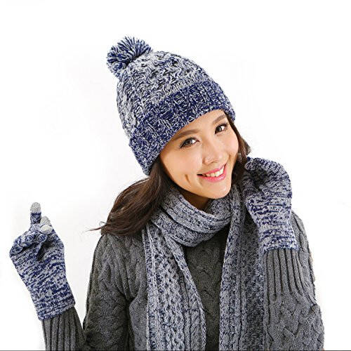 DTBG Knitted Beanie Gloves & Scarf Winter Set Warm Thick Fashion Hat Mittens 3 in 1 Cold Weather for Women Blue - 1