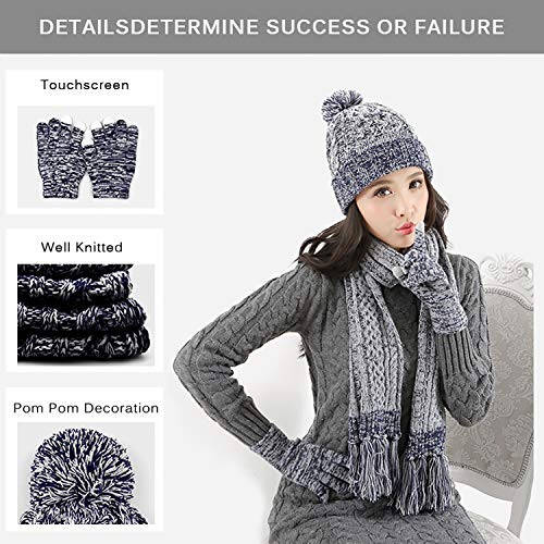 DTBG Knitted Beanie Gloves & Scarf Winter Set Warm Thick Fashion Hat Mittens 3 in 1 Cold Weather for Women Blue - 2