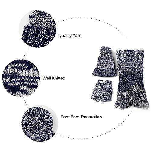 DTBG Knitted Beanie Gloves & Scarf Winter Set Warm Thick Fashion Hat Mittens 3 in 1 Cold Weather for Women Blue - 4