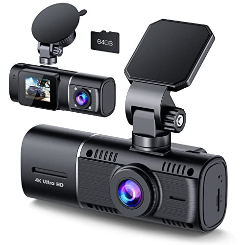 Dual Dash Cam 4K, Dash Cam Front and Inside, Dash Camera for Cars with 64GB SD Card, Infrared Night Vision, 1.5 inch IPS Screen, Loop Recording, Accident Lock, WDR, Parking Monitor for Taxi Driver - 1