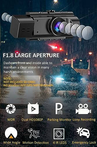 Dual Dash Cam Front and Inside FHD 1080P Dashcams for Cars with Infrared Night Vision Car Camera Driving Recorder 24H Park Monitor Motion Detection G-Sensor for Taxi Uber - 2