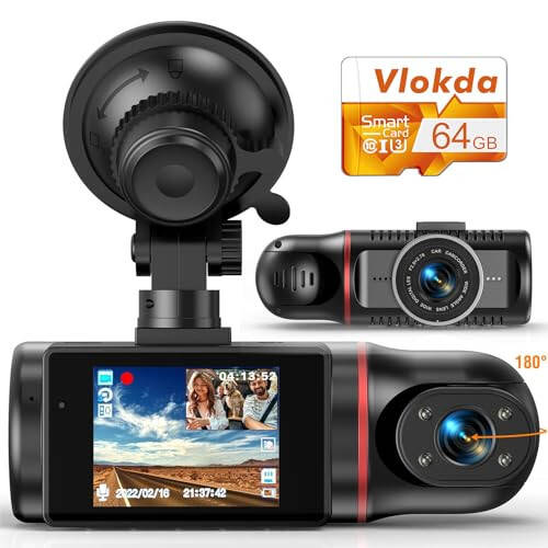 Dual Dash Cam Front and Inside, FHD Dashcams for Cars with 64GB Card Dash Camera for Cars, 1080P Front Dash Cam+1080P Inside Dashcam for Car Dash Camera with IR Night Vision Loop Recording - 1