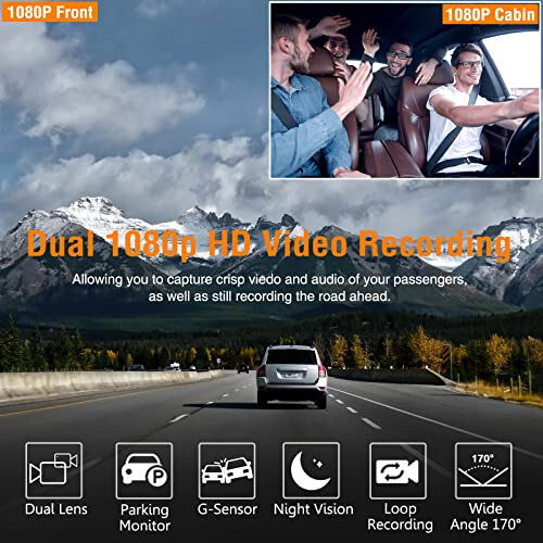 Dual Dash Cam Front and Inside, FHD Dashcams for Cars with 64GB Card Dash Camera for Cars, 1080P Front Dash Cam+1080P Inside Dashcam for Car Dash Camera with IR Night Vision Loop Recording - 2