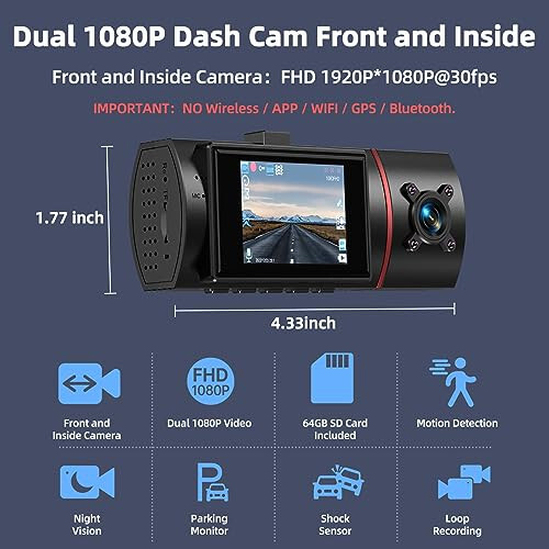 Dual Dash Cam Front and Inside with 64GB Card, Milerong X25 1080P Dash Camera for Cars with Infrared Night Vision, Loop Recording, G-Sensor, 24H Park Monitor, Inside Car Camera for Uber/Lyft/Taxi Driver - 2