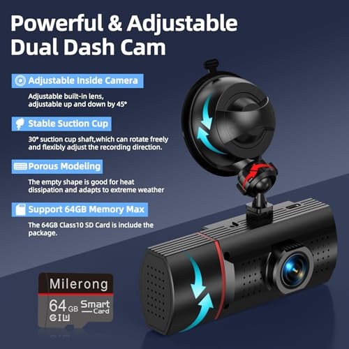 Dual Dash Cam Front and Inside with 64GB Card, Milerong X25 1080P Dash Camera for Cars with Infrared Night Vision, Loop Recording, G-Sensor, 24H Park Monitor, Inside Car Camera for Uber/Lyft/Taxi Driver - 4