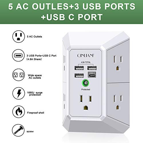 Duvar Şarj Cihazı, Akım Koruyucu, QINLIANF 5 Çıkışlı Uzatma Kablosu 4 USB Şarj Portu (Toplam 4.8A) 3 Yönlü 1680J Güç Şeridi Çoklu Fiş Adaptörü Ev Seyahat Ofis İçin Aralıklı (3U1C) - 2