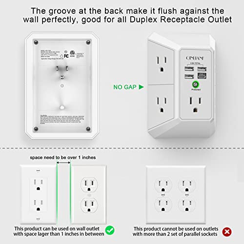 Duvar Şarj Cihazı, Akım Koruyucu, QINLIANF 5 Çıkışlı Uzatma Kablosu 4 USB Şarj Portu (Toplam 4.8A) 3 Yönlü 1680J Güç Şeridi Çoklu Fiş Adaptörü Ev Seyahat Ofis İçin Aralıklı (3U1C) - 3