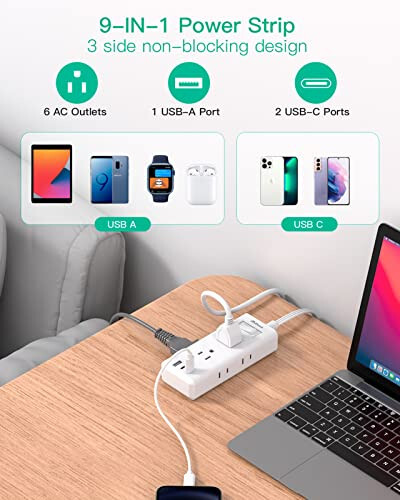 Düz Fiş Uzatma Kablosu, 5 ft Ultra İnce Düz Priz - 6 Çıkış 3 USB Bağlantı Noktası (2 USB C) 3 Yan Çıkış Genişletici, Dalgalanma Koruması Olmayan Priz, Seyahat, Uyku Yurdu Gereçleri İçin - 4