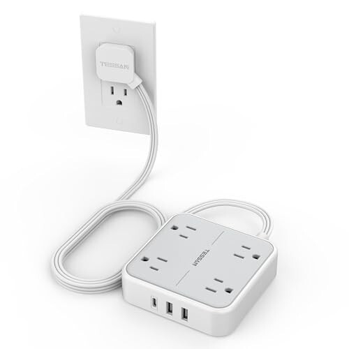 Düz Fişli Akım Koruyucu Priz, TESSAN 5 ft Ultra İnce Uzatma Kablosu 3 USB Duvar Şarj Cihazı (1 USB C Bağlantı Noktası) ile, 4 Çıkışlı İnce Masa Şarj İstasyonu Seyahat, Ofis, Yurt Odası Gereçleri İçin - 1