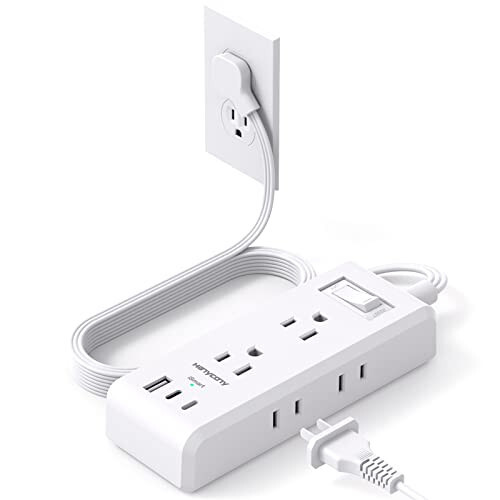 Düz Fişli Priz Şeridi, Ultra İnce Uzatma Kablosu, 6 Çıkış 3 USB Bağlantı Noktası (2 USB C), 5ft Çoklu Priz Uzatma Kablosu Duvara Montajlı (Akım Koruyucu Yok) Yurt Odası, Yolculuk, Seyahat Gereçleri İçin - 1