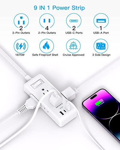 Düz Fişli Priz Şeridi, Ultra İnce Uzatma Kablosu, 6 Çıkış 3 USB Bağlantı Noktası (2 USB C), 5ft Çoklu Priz Uzatma Kablosu Duvara Montajlı (Akım Koruyucu Yok) Yurt Odası, Yolculuk, Seyahat Gereçleri İçin - 2