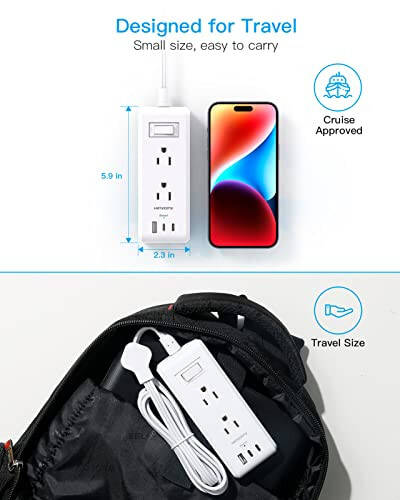 Düz Fişli Priz Şeridi, Ultra İnce Uzatma Kablosu, 6 Çıkış 3 USB Bağlantı Noktası (2 USB C), 5ft Çoklu Priz Uzatma Kablosu Duvara Montajlı (Akım Koruyucu Yok) Yurt Odası, Yolculuk, Seyahat Gereçleri İçin - 6