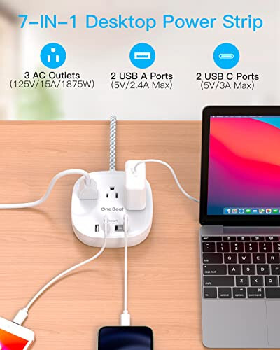 Düz Fişli Priz Uzatma Kablosu, 5ft Ultra Düz Uzatma Kablosu - 3 Priz 4 USB Bağlantı Noktası (2 USB C) 22.5W/4.5A Masaüstü Şarj İstasyonu, Gemi, Yurt Odası Seyahat Gereçleri için Aşırı Akım Koruması Yok - 4