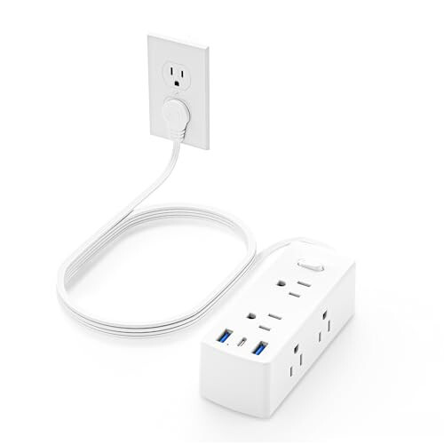 Düz Fişli Priz Uzatma Kablosu, Olcorife Düz Uzatma Kablosu 5ft, 6 Priz 3 USB Bağlantı Noktası (1 USB C), 3 Taraflı Priz Uzatma Kablosu Akım Koruyucu Ev Ofis Seyahat Yurt Odası Temel Gereksinimleri İçin, Beyaz - 1