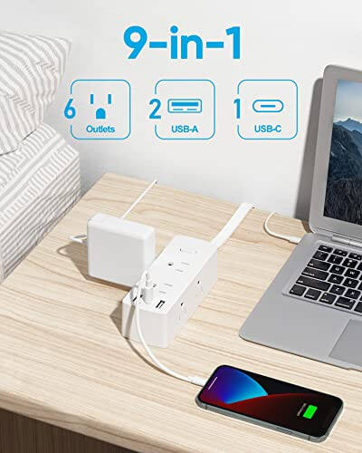 Düz Fişli Priz Uzatma Kablosu, Olcorife Düz Uzatma Kablosu 5ft, 6 Priz 3 USB Bağlantı Noktası (1 USB C), 3 Taraflı Priz Uzatma Kablosu Akım Koruyucu Ev Ofis Seyahat Yurt Odası Temel Gereksinimleri İçin, Beyaz - 3