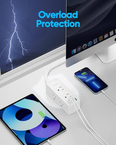 Düz Fişli Priz Uzatma Kablosu, Olcorife Düz Uzatma Kablosu 5ft, 6 Priz 3 USB Bağlantı Noktası (1 USB C), 3 Taraflı Priz Uzatma Kablosu Akım Koruyucu Ev Ofis Seyahat Yurt Odası Temel Gereksinimleri İçin, Beyaz - 6