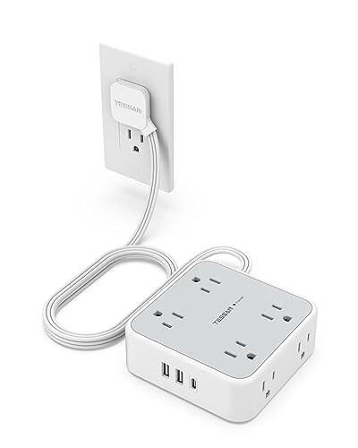 Düz Priz Uzatma Kablosu Düz Fişli Çoklu Priz, 8 AC Priz, 3 USB Şarj Cihazı (1 USB C Bağlantı Noktası) 3 Taraflı Priz Uzatıcı, 5 Ft, 900 Joule Koruma, Ofis Malzemeleri, Yurt Odası Temel Gereksinimleri, Gri - 1