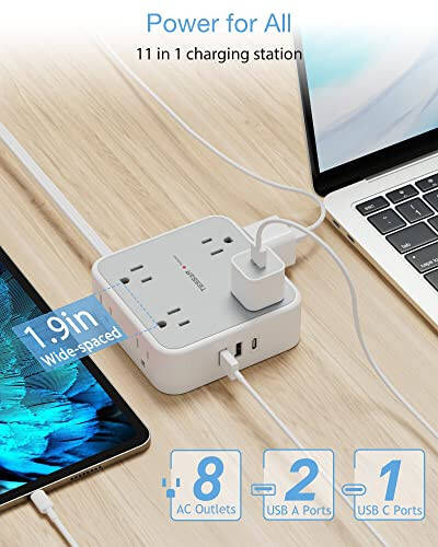 Düz Priz Uzatma Kablosu Düz Fişli Çoklu Priz, 8 AC Priz, 3 USB Şarj Cihazı (1 USB C Bağlantı Noktası) 3 Taraflı Priz Uzatıcı, 5 Ft, 900 Joule Koruma, Ofis Malzemeleri, Yurt Odası Temel Gereksinimleri, Gri - 2