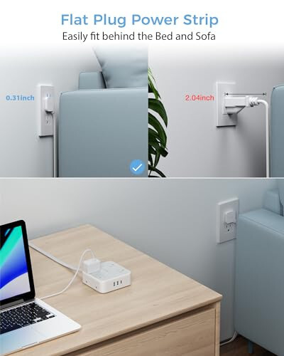 Düz Priz Uzatma Kablosu Düz Fişli Çoklu Priz, 8 AC Priz, 3 USB Şarj Cihazı (1 USB C Bağlantı Noktası) 3 Taraflı Priz Uzatıcı, 5 Ft, 900 Joule Koruma, Ofis Malzemeleri, Yurt Odası Temel Gereksinimleri, Gri - 3