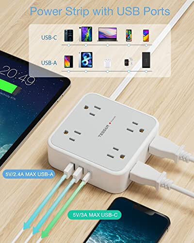 Düz Priz Uzatma Kablosu Düz Fişli Çoklu Priz, 8 AC Priz, 3 USB Şarj Cihazı (1 USB C Bağlantı Noktası) 3 Taraflı Priz Uzatıcı, 5 Ft, 900 Joule Koruma, Ofis Malzemeleri, Yurt Odası Temel Gereksinimleri, Gri - 4