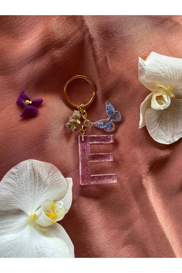 E Letter Bear Keychain Set with Butterfly Detail in Pink - 1