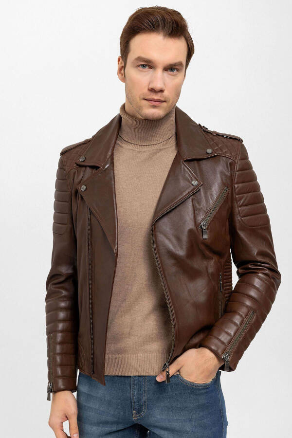 E1001 Cognac Biker Men's Genuine Leather Jacket - 1