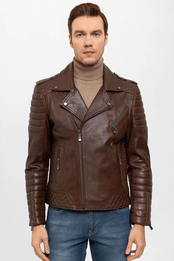 E1001 Cognac Biker Men's Genuine Leather Jacket - 2