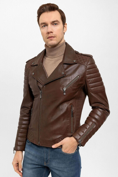 E1001 Cognac Biker Men's Genuine Leather Jacket - 3