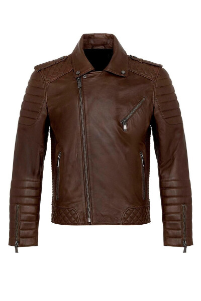 E1001 Cognac Biker Men's Genuine Leather Jacket - 8