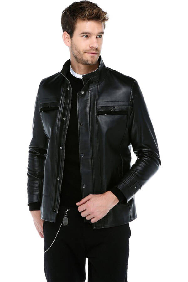 E1081 Genuine Leather Men's Jacket Black - 16